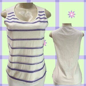 Coldwater Creek S Eggshell Mesh Purple Striped Sequin Scoop Neckline Tank Top